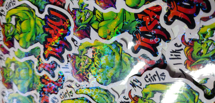 "I like my girls tusky" Orc Holographic Hearts Sticker