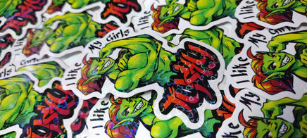 "I like my girls tusky" Orc Holographic Hearts Sticker