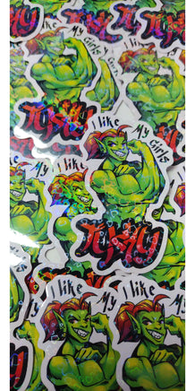 "I like my girls tusky" Orc Holographic Hearts Sticker