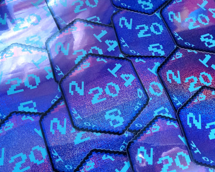 Purple Pixel D20 Dice Glitter Holographic Vinyl Sticker- Dungeons & Dragons Inspired Prop Art Decorate Binders Folders Customize DM Screens