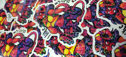 "I like my girls horny" Tiefling Holographic Hearts Sticker