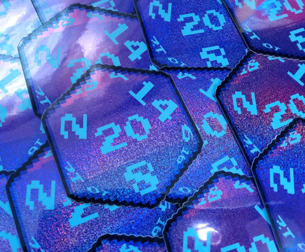 Purple Pixel D20 Dice Glitter Holographic Vinyl Sticker- Dungeons & Dragons Inspired Prop Art Decorate Binders Folders Customize DM Screens